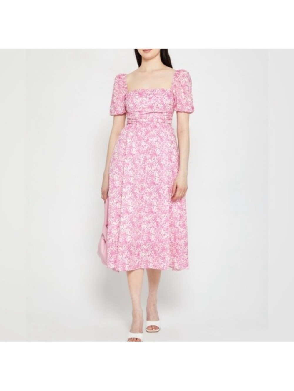 Square-Neck Pink Floral Midi Dress with Puff Sleeves